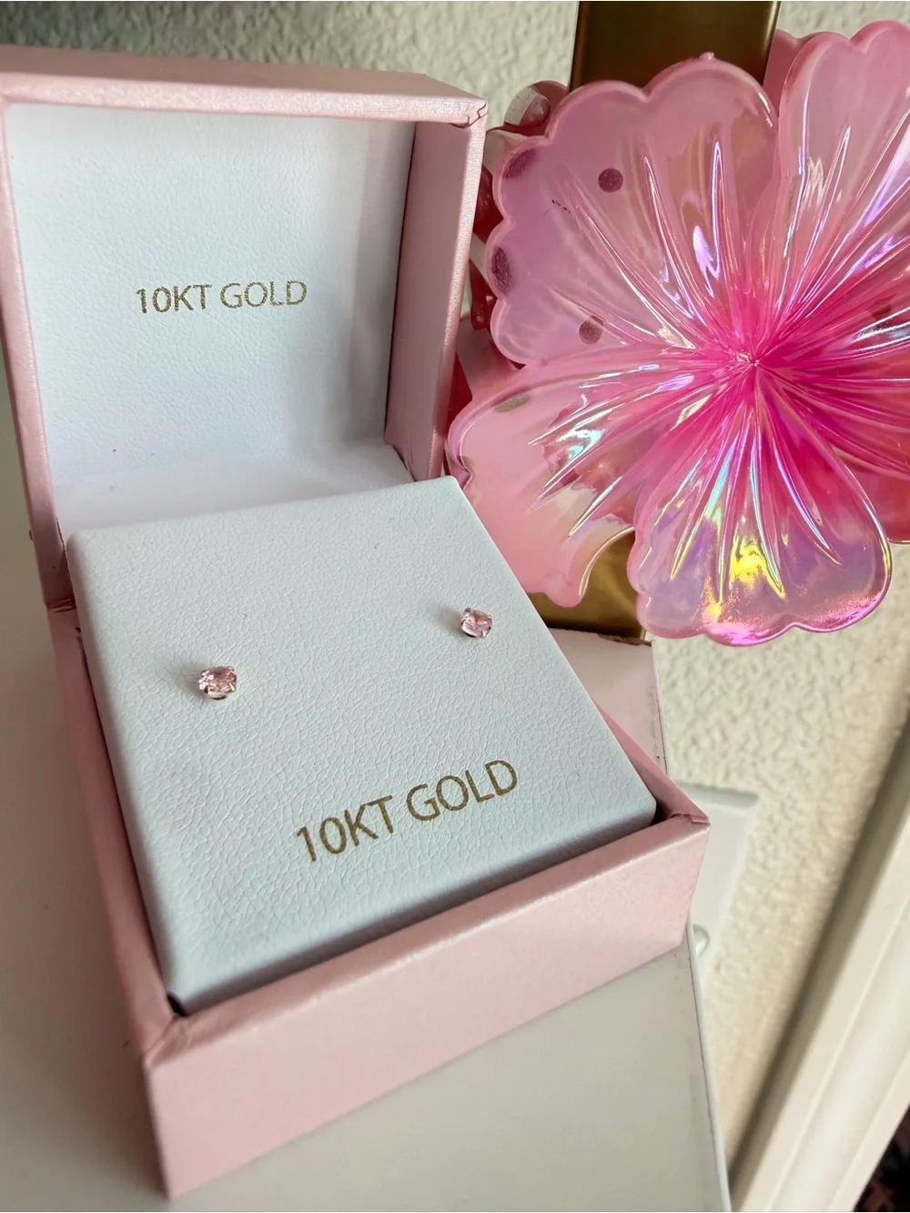 10KT Gold Pink Crystal screw back Stud Earrings